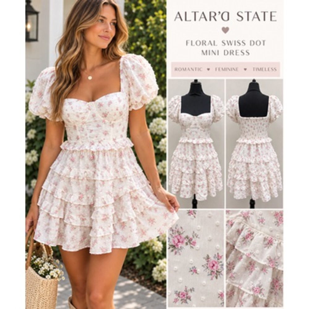 Altar’d State Floral Swiss Dot Mini Dress S Puff Sleeve Corset Ruffle NWT $92
